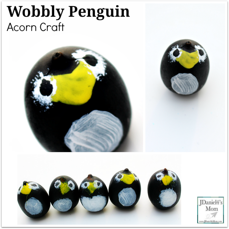 Wobbly Penguin Acorn Craft- There are a variety of way to use the finished craft. Please stop by to see how we used them in activities.