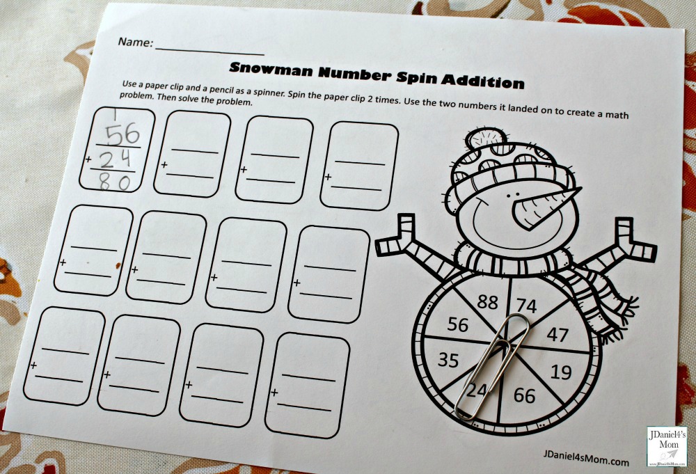 Adding Two Digit Numbers Snowman Number Spin Addition - A Finished Math Fact