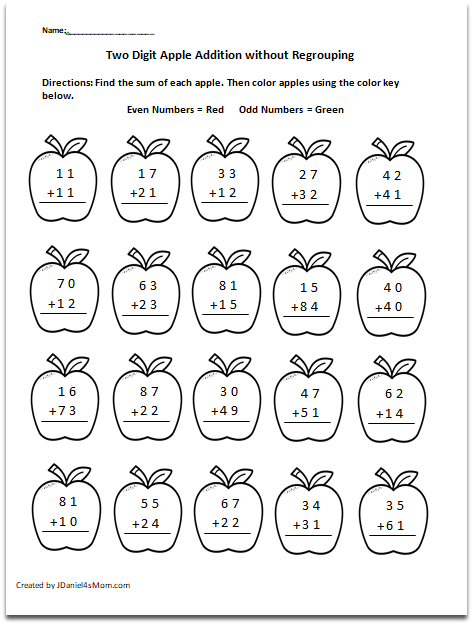 Apple Themed Addition with Regrouping and Without Worksheets - There are some pages in the set that work on even and odd numbers too.