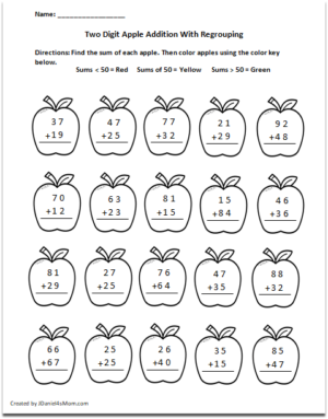 Apple Themed Addition with Regrouping and Without Worksheets