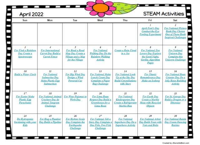 April Holidays on a 2022 STEAM Activity Calendar - JDaniel4s Mom