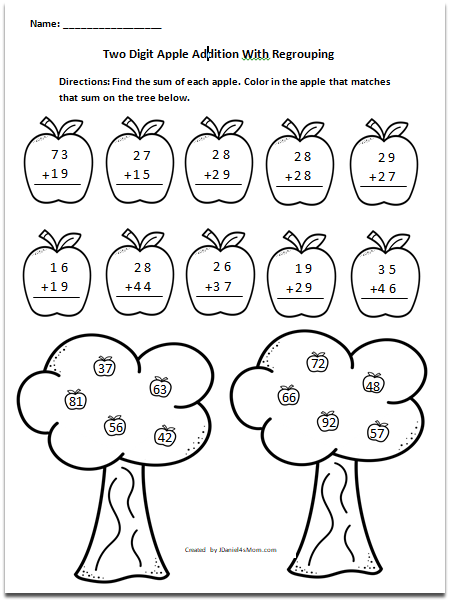 Apple Themed Addition with Regrouping and Without Worksheets - There are some page also have the answers hanging trees at the bottom of the page.