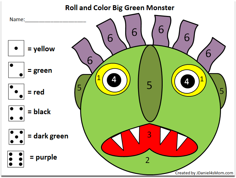 Go Away Green Monster Roll and Color Math Activity