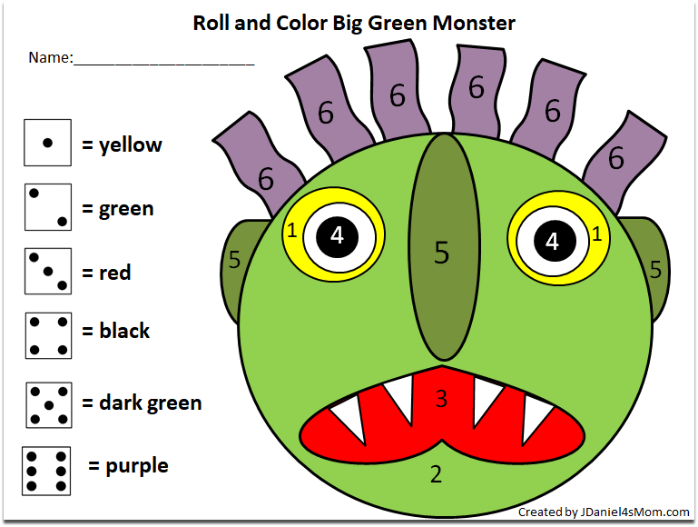 Roll and Color Big Green Monster Printable for Kids Colored In