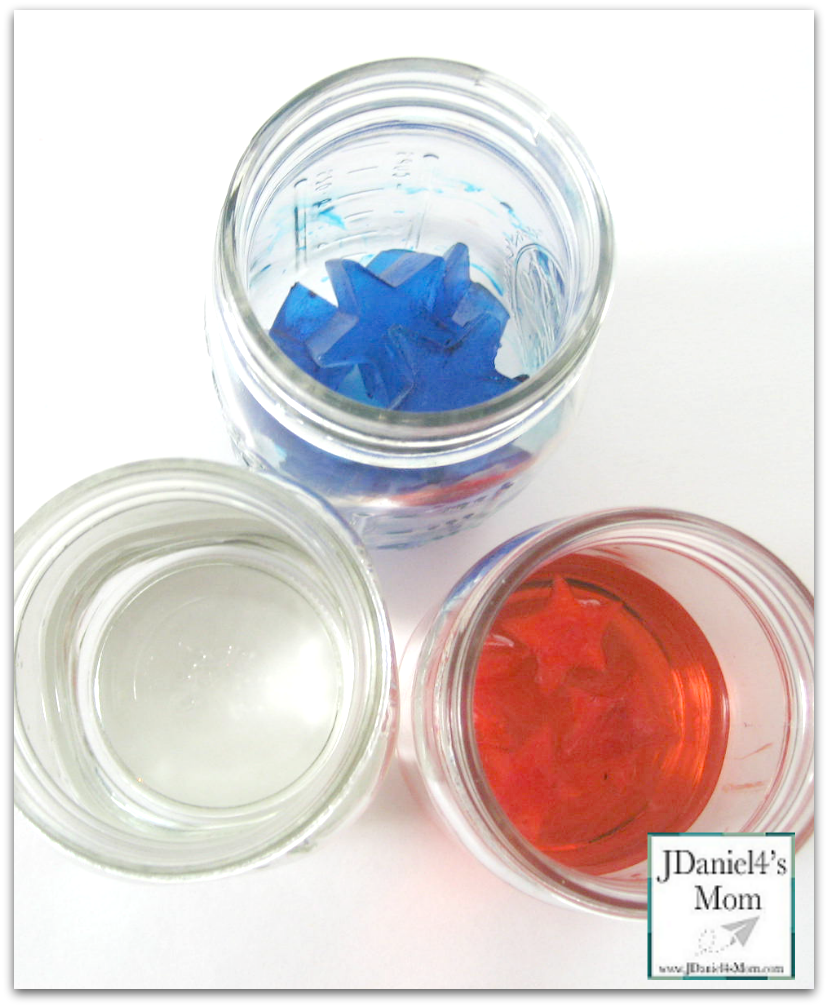 These easy experiments look at how much water will end up in a jar. Students will start with ice stars. ice stars in water and a glass of water. Once the ice melts students can measure the results. We used red, blue and clear water to do this experiment. It was near the 4th of July.