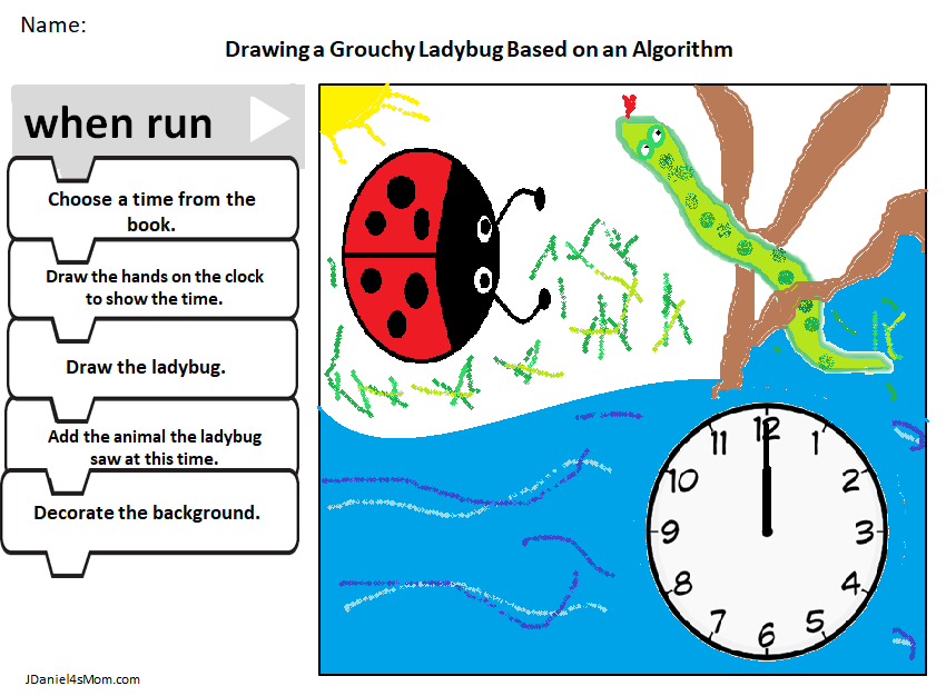 The Grouchy Ladybug Hour of Code Algorithm Drawing Page - This is what the page looks like completed.