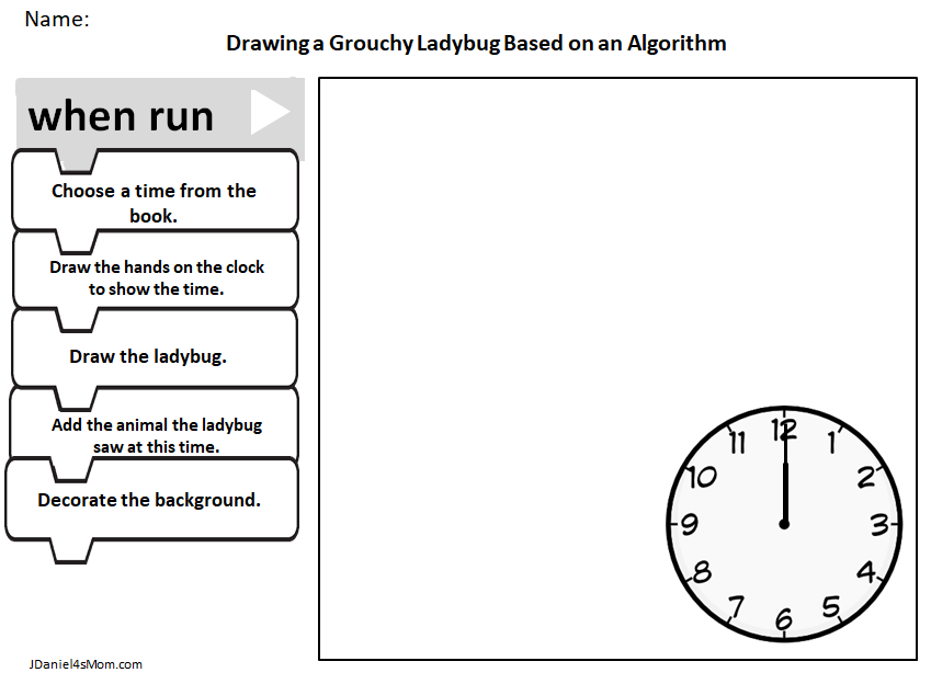 The Grouchy Ladybug Hour of Code Algorithm Drawing Page - This is what the page looks like with the time on it.