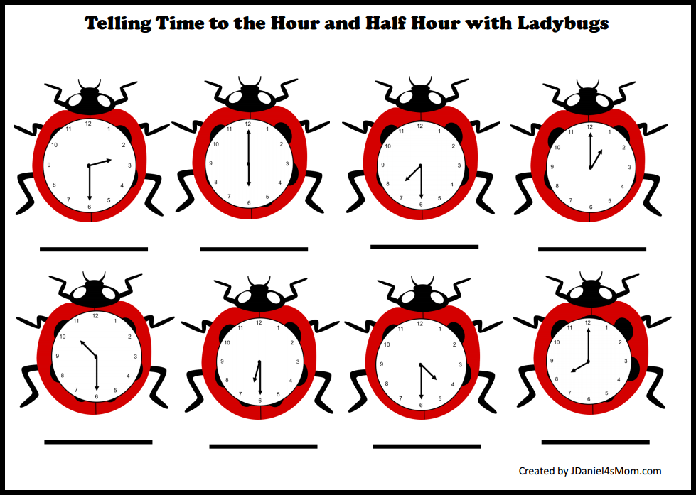 Telling Time Worksheets with Ladybugs - Telling Time to the Hour and Half Hour