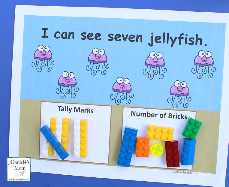 Ocean Themed Counting Worksheets to Use with LEGO- This set includes worksheets for numbers one thru ten for kids to explore. Counting with one to one correspondence and tally marks. This is an example of the counting worksheets.