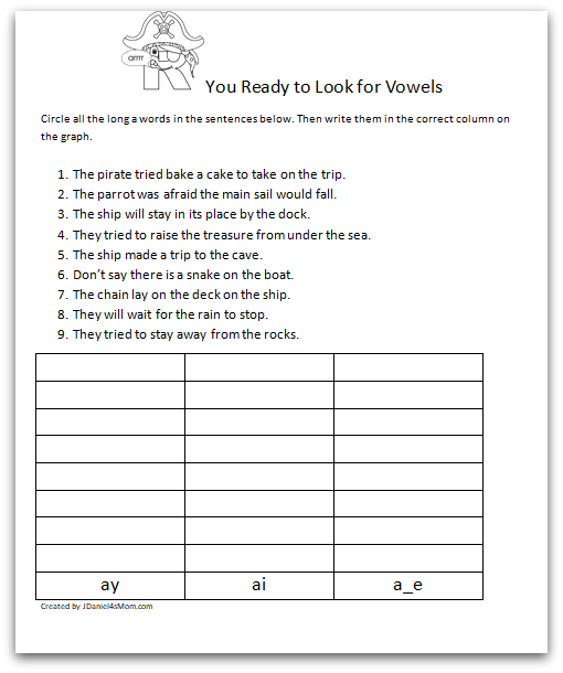 There are four pages in this long vowel set. Each invites children to for certain vowel sounds in pirate themed sentences. Then they will need to display them on a graph. This is the long a page.