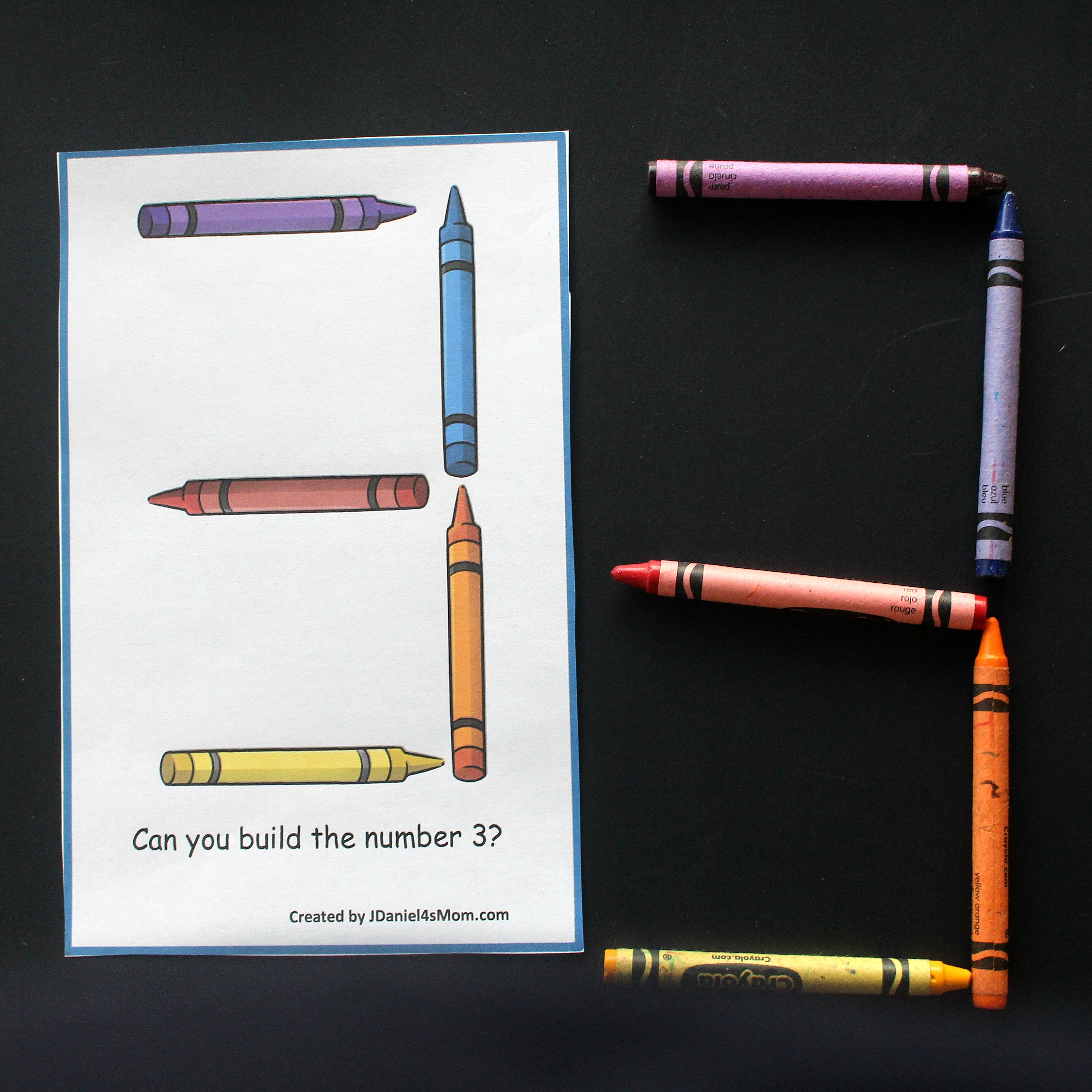 Building Numbers with Crayons STEM Task Cards - This is the number three card.