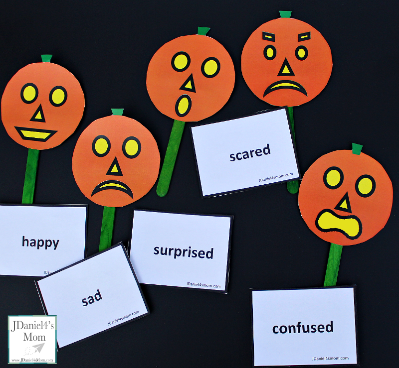 Five Little Pumpkins Social Skills Activities- A set of pumpkins and emotion cards are free to download. An original rhyme about five little pumpkins and feeling is shared in this post. This picture share the feelings matching game.