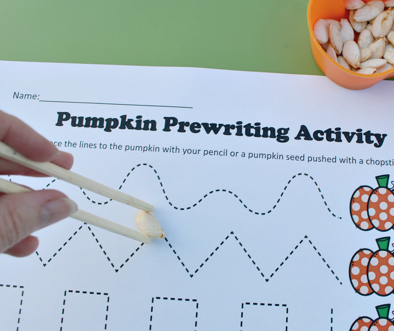 Pre K Tracing Worksheets with a Pumpkin Theme -Here is how to hold the seed horizontally in the chopsticks.