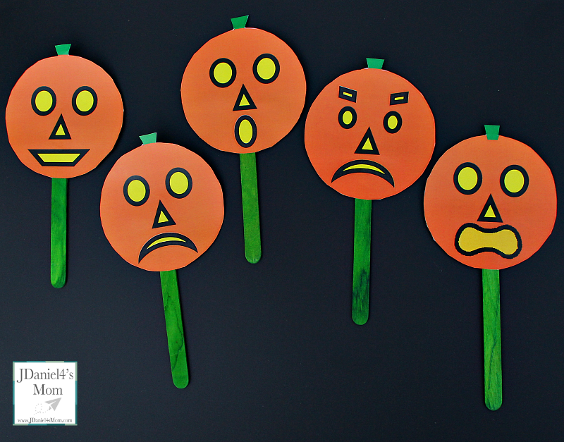 Five Little Pumpkins Social Skills Activities- A set of pumpkins and emotion cards are free to download. An original rhyme about five little pumpkins and feeling is shared in this post. This picture share feeling pumpkins as puppets.