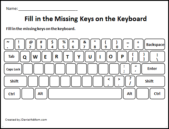 Learning the Computer Keyboard Layout - Fill in the Missing Letters Worksheets for Older Kids