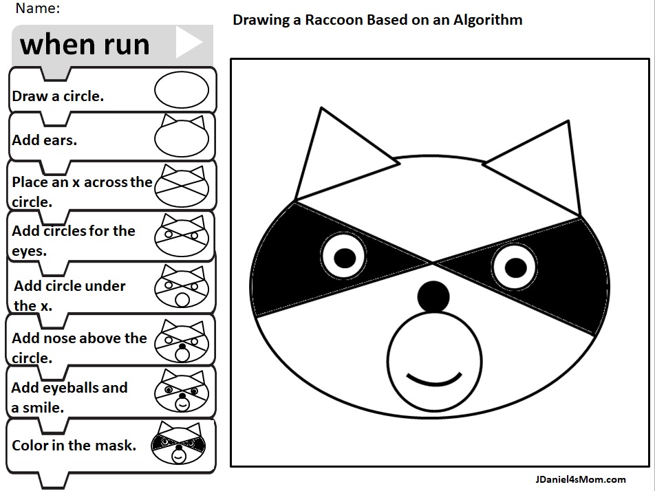 How to Draw a Raccoon with an Algorithm Blockly Block Coding Worksheets -This would be great to explore after reading the book The Kissing Hand.
