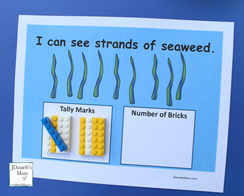 Ocean Themed Counting Worksheets to Use with LEGO- This set includes worksheets for numbers one thru ten for kids to explore. Counting with one to one correspondence and tally marks. This is in the mystery number worksheet.