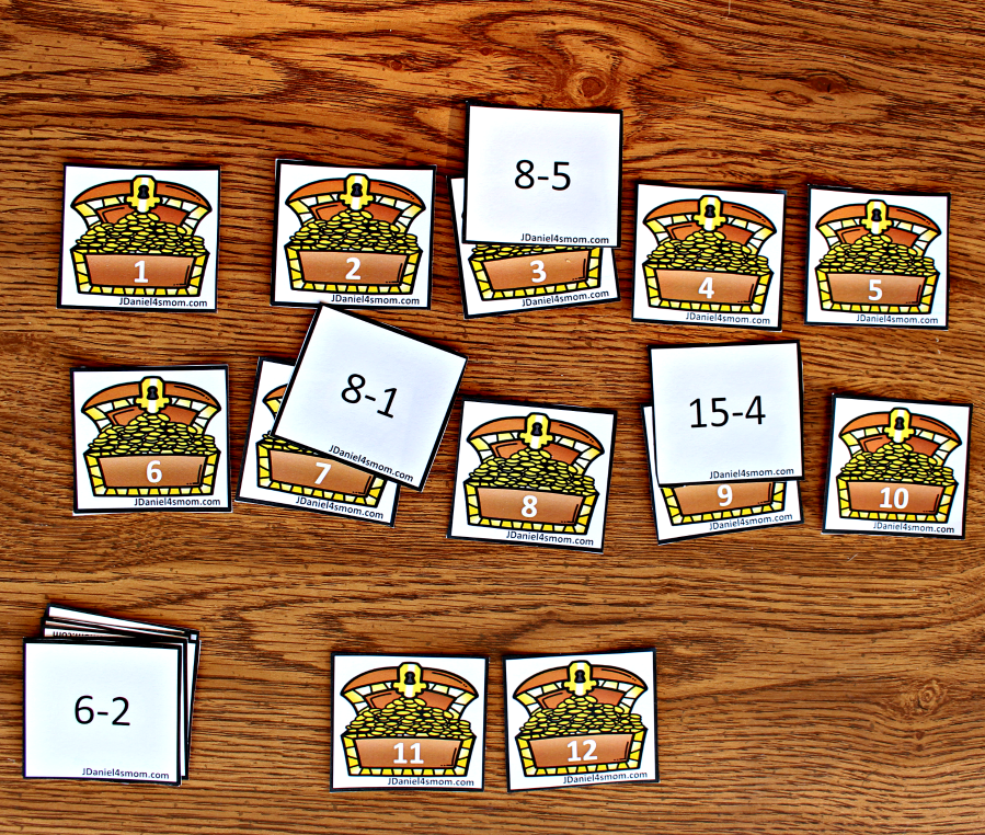 Subtraction Worksheets Used to Play Treasure Chest Match - Find the numbers to solve the equations.