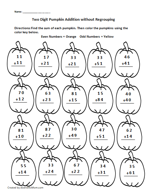 Pumpkin Worksheets that Focus on Two Digit Addition